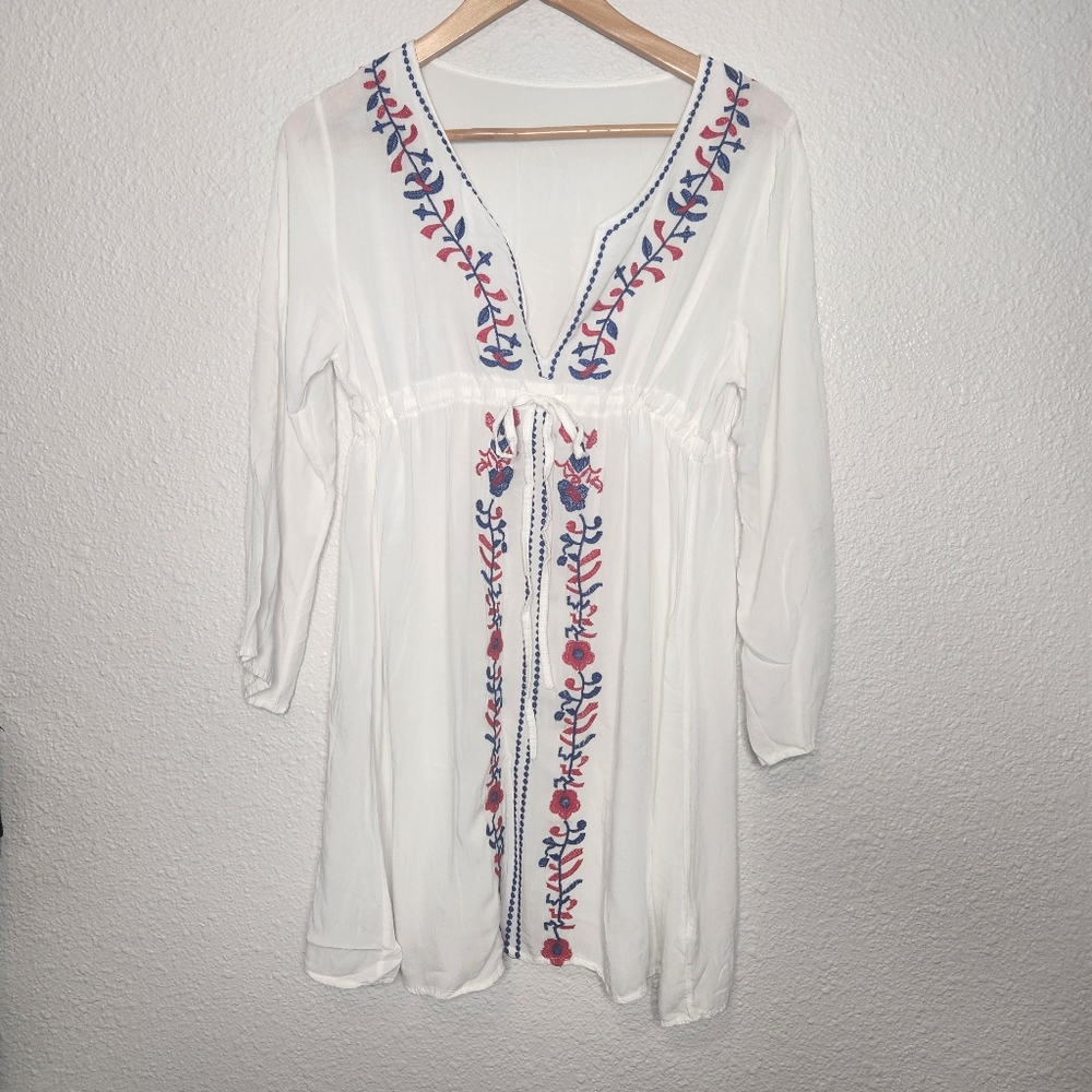 Embroidered White and Red Women's Beach Cover-up 100% Cotton